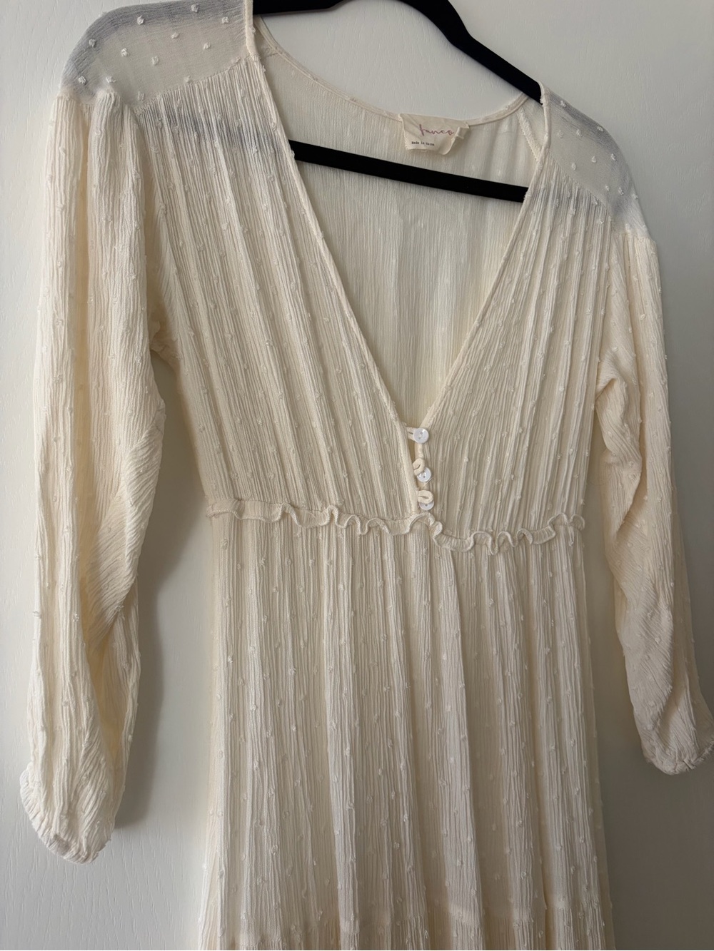 Boho, Cream Long-Sleeve Maxi Dress with Swiss Dot Texture - Picture 2 of 7